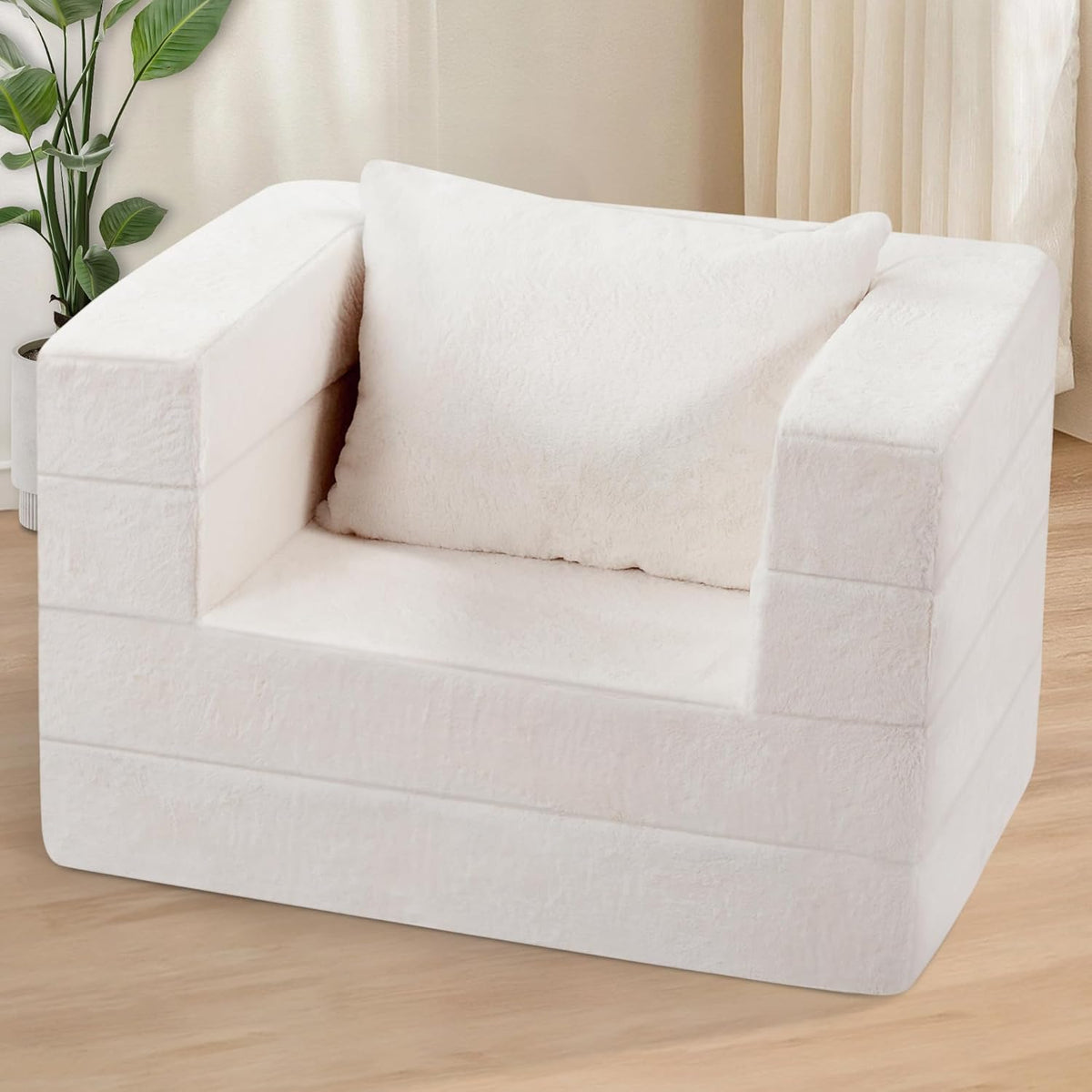 Folding Bean Bag Chair for Adults,3-in-1 Bean Bag Couch Faux Fur Floor Sofa Large Beanbag