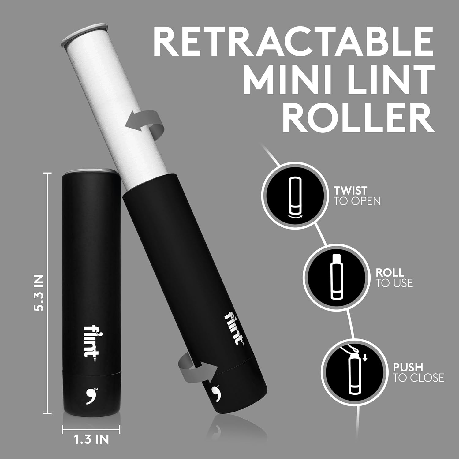 Flint Classic Black Retractable Mini Lint Roller with 90 Extra Sticky Sheets, Small and Portable
