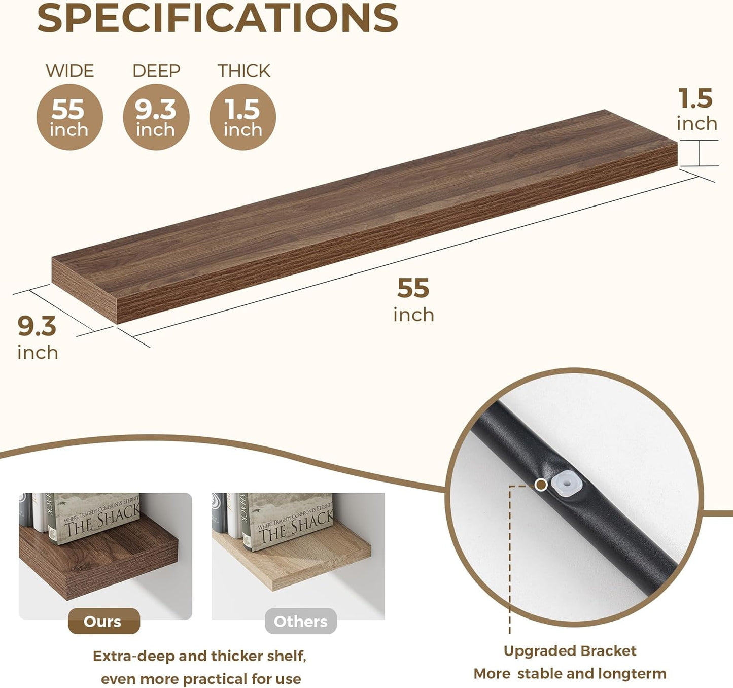 Dreamland 55 Inches Floating Shelves for Wall, 9.3" Deep Long Floating Shelves Set of 1, Large