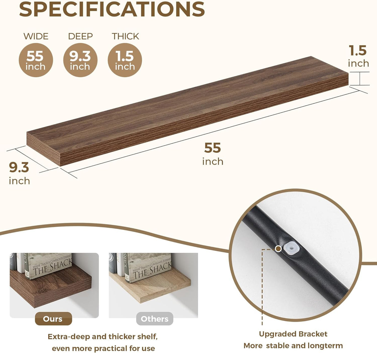 Dreamland 55 Inches Floating Shelves for Wall, 9.3" Deep Long Floating Shelves Set of 1, Large