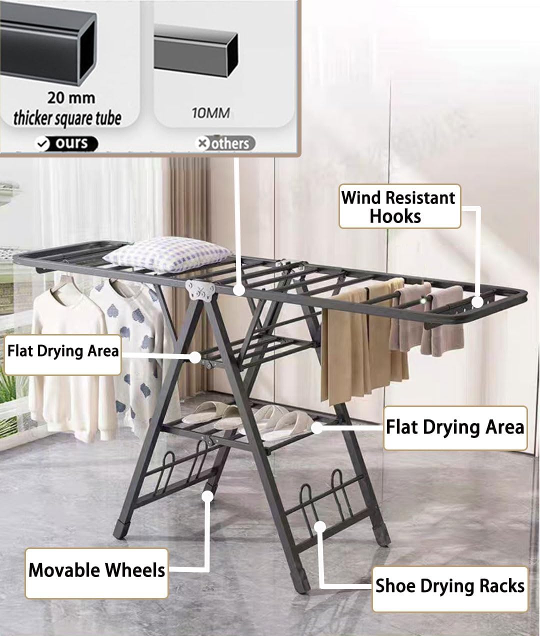 Mimiblack Heavy Duty Clothes Drying Rack Foldable with Wheels, 71'' Extra-Thick Metal Laundry Dryer