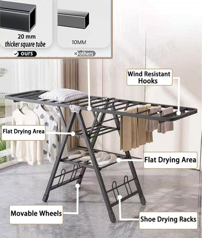 Mimiblack Heavy Duty Clothes Drying Rack Foldable with Wheels, 71'' Extra-Thick Metal Laundry Dryer