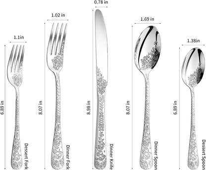Floral 40 Pcs Silverware Set for 8, Food Grade Stainless Steel Flatware Set with Rose Flower