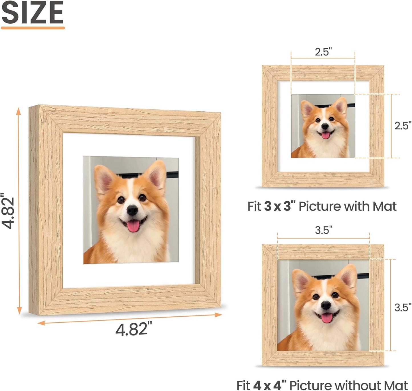 upsimples 4x4 Picture Frame, Natural Solid Wooden Picture Frames, Display 3x3 with Mat or 4 x 4