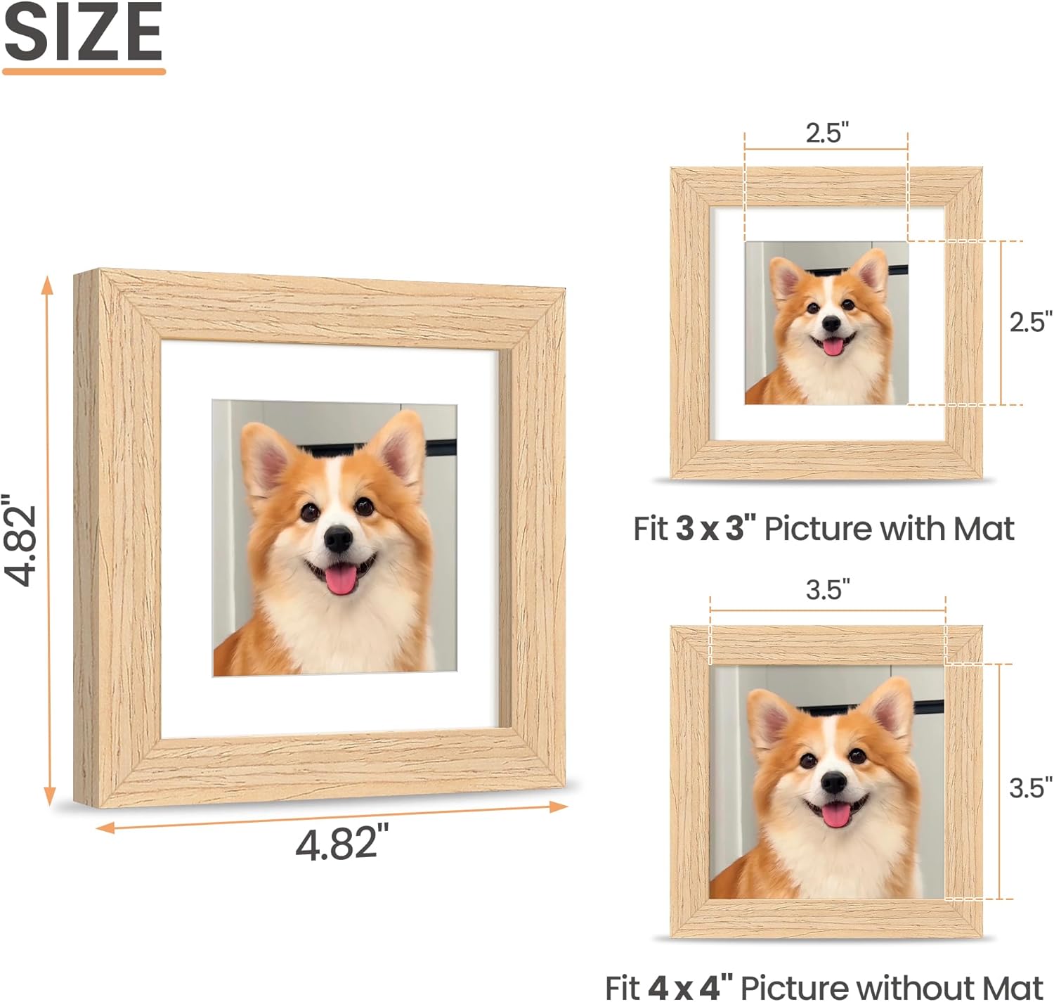 upsimples 4x4 Picture Frame, Natural Solid Wooden Picture Frames, Display 3x3 with Mat or 4 x 4