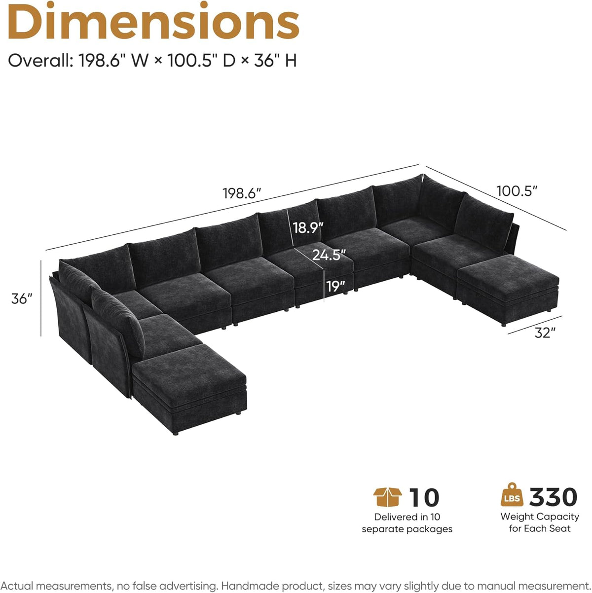 198.6" Oversized Modular Sectional Sofa, U Shaped Convertible Couch with Movable Ottoman, Large 10
