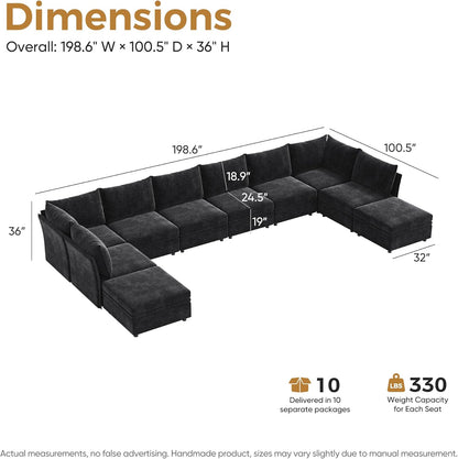 198.6" Oversized Modular Sectional Sofa, U Shaped Convertible Couch with Movable Ottoman, Large 10