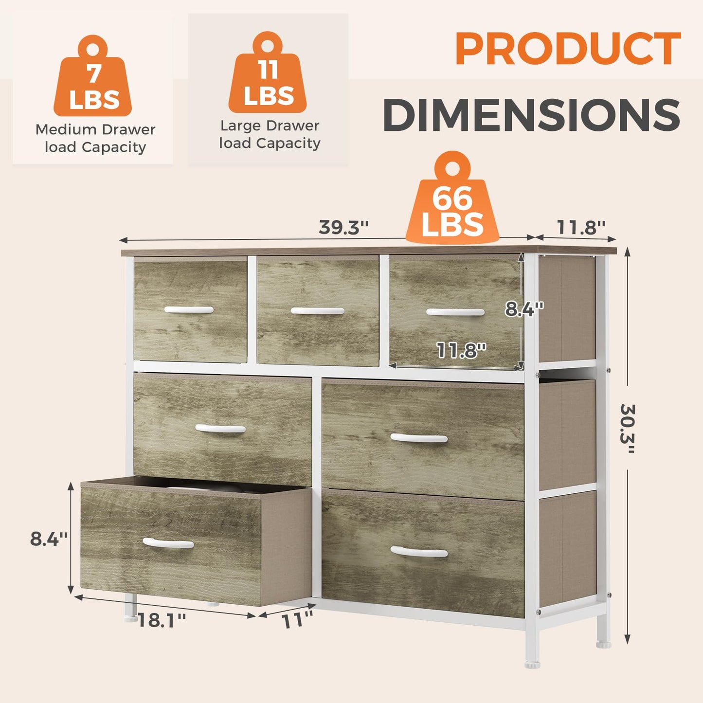 Sweetcrispy 7 Drawer Dresser for Bedroom Storage with Fabric Bins, Oak