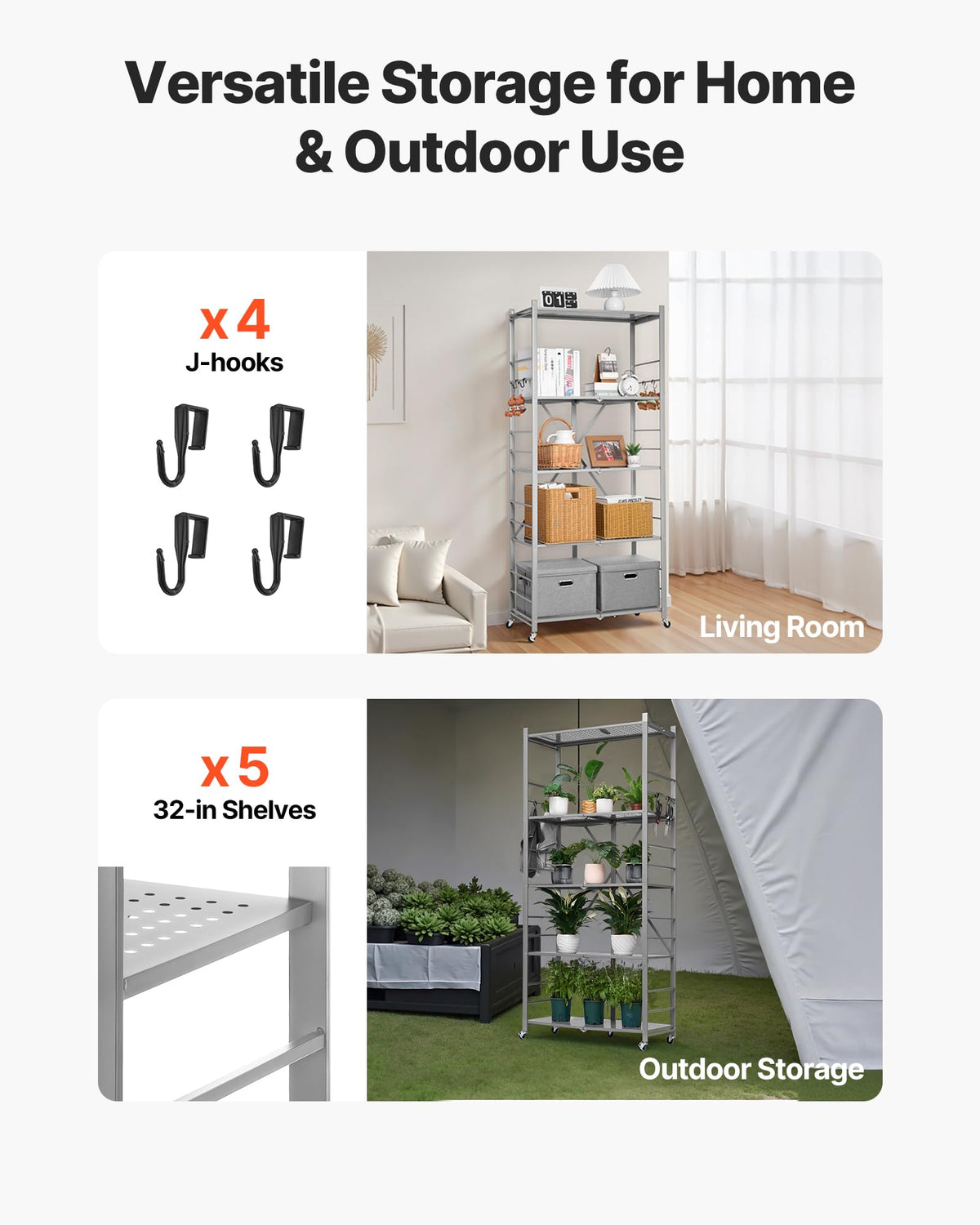 VEVOR 5-Tier Foldable Storage Shelf, 32W x 14D x 72H Inch Folding Metal Rack Shelving Unit, Heavy