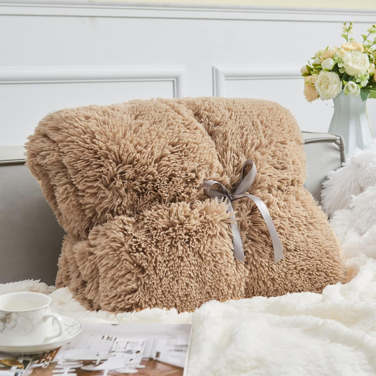 GONAAP Fuzzy Faux Fur Throw Blanket Twin Size Brown Super Soft Cozy Plush Fuzzy Shaggy Blanket for