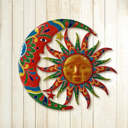 Limygus Sun and Moon Wall Decorations for Outdoor, Colorufl Metal Sun Wall Art Decor with Moon &