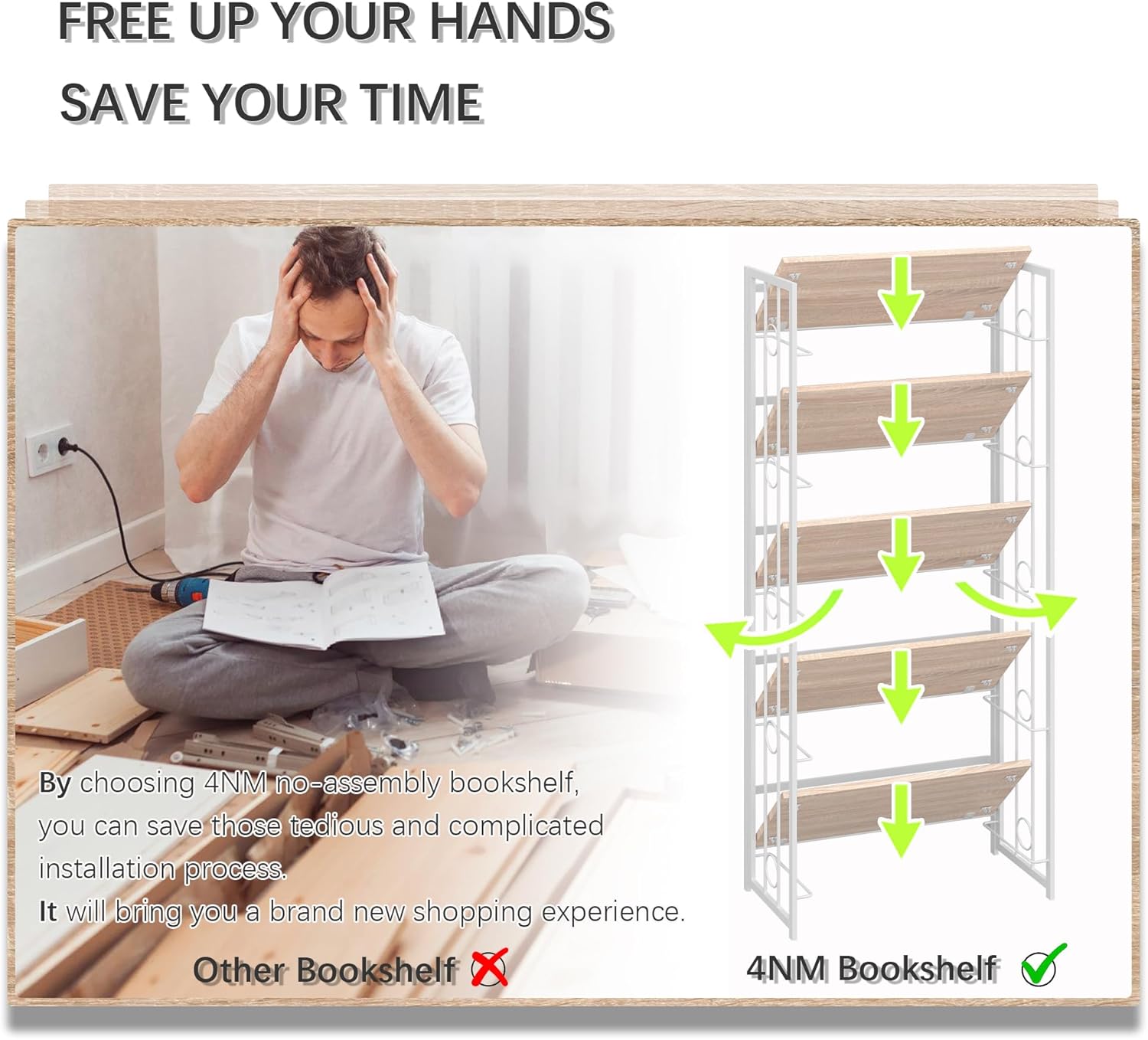 4NM No Assembly 5 Tiers Folding Bookshelf, 59.4" H Foldable Storage Shelves Vintage Bookcase