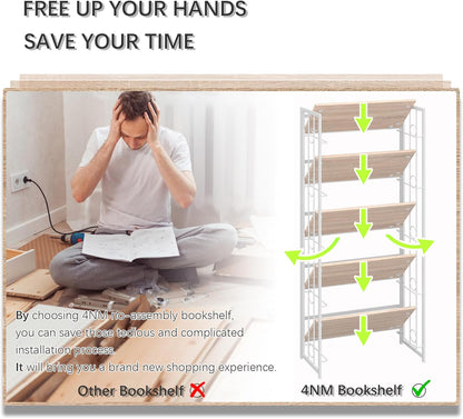 4NM No Assembly 5 Tiers Folding Bookshelf, 59.4" H Foldable Storage Shelves Vintage Bookcase