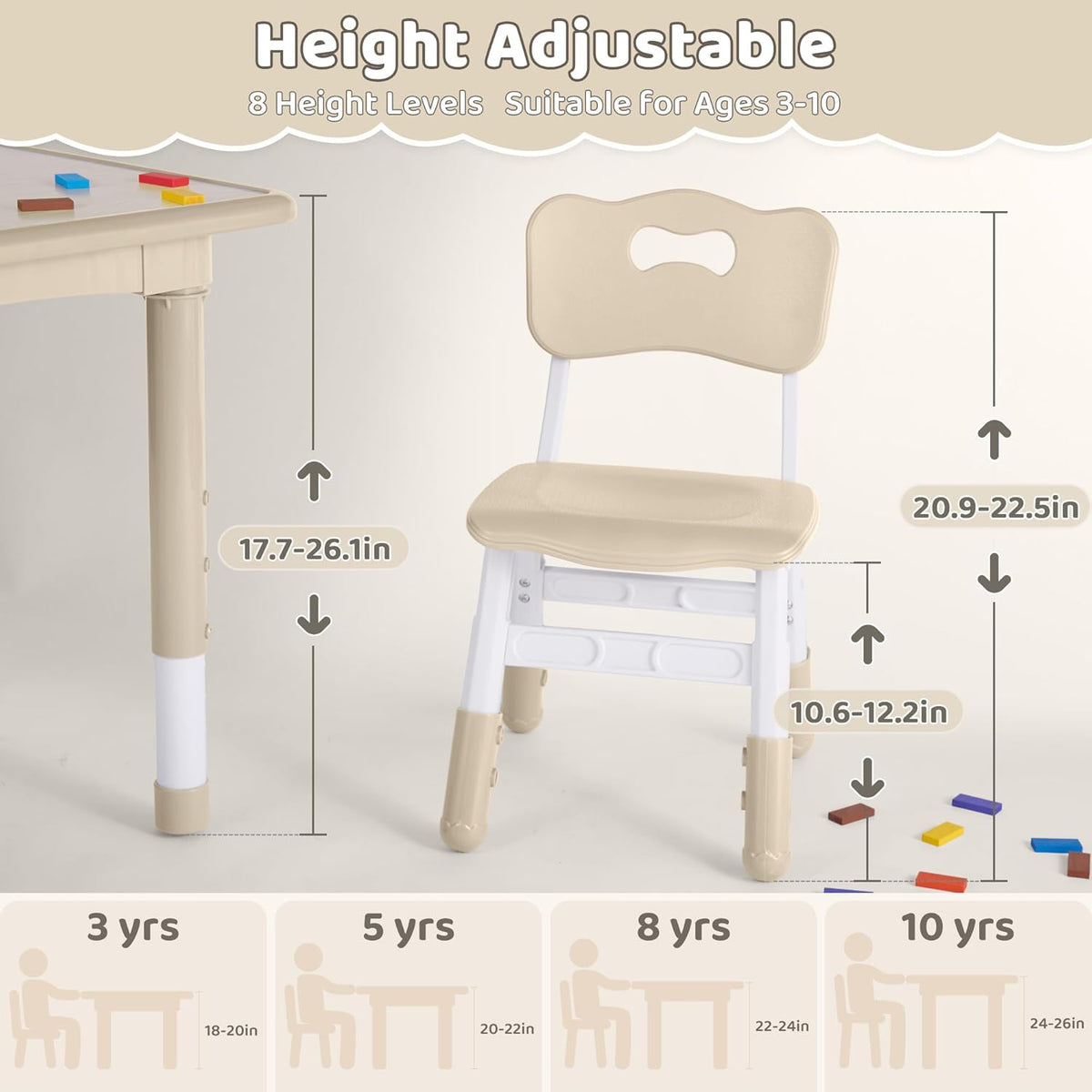 Kids Table and 2 Chairs Set, Height Adjustable (17.7"-26.1") Toddler Table and Chair Set
