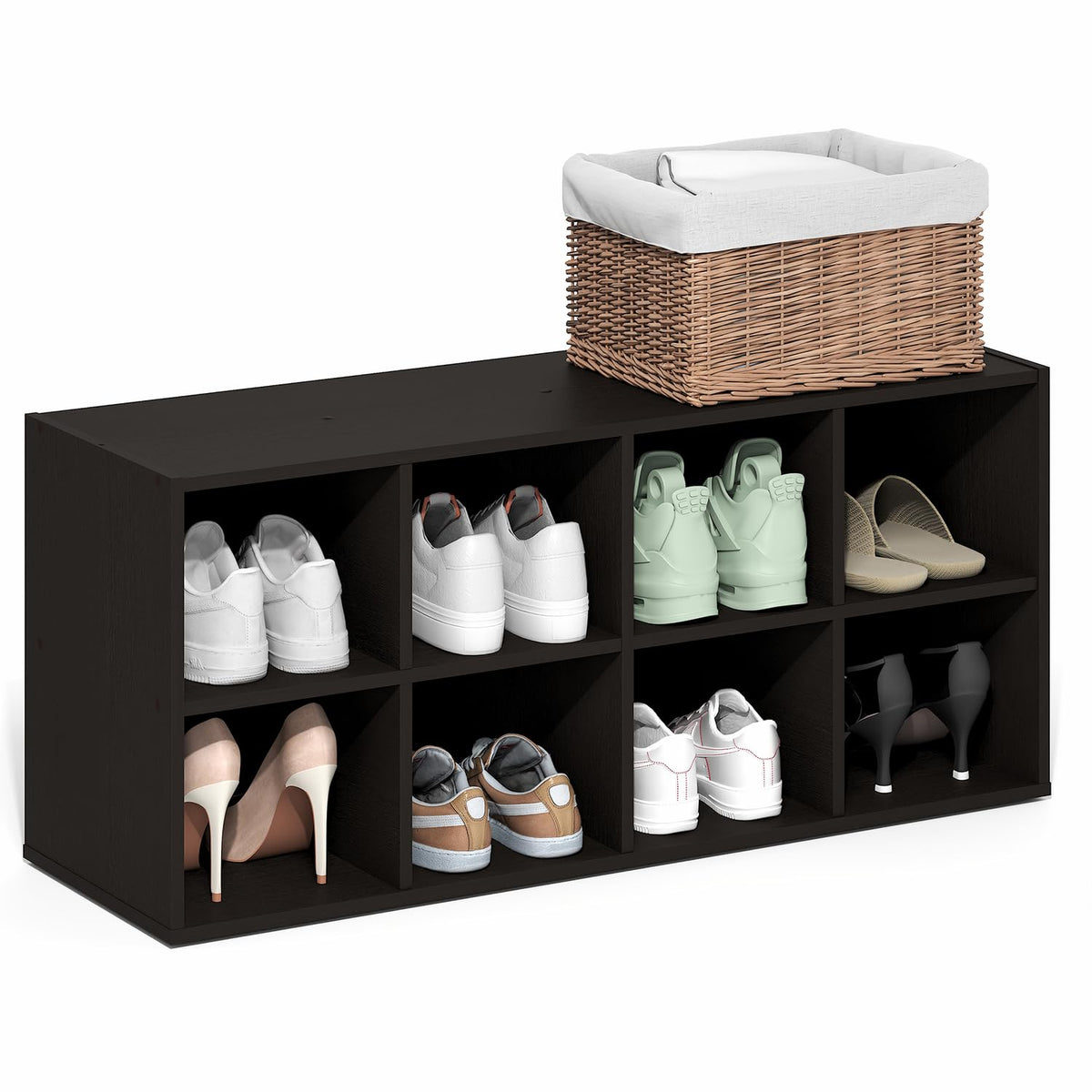 Furinno FANO 8-Cube Shoe Rack, Stackable Shoe Organizer, Dark Oak
