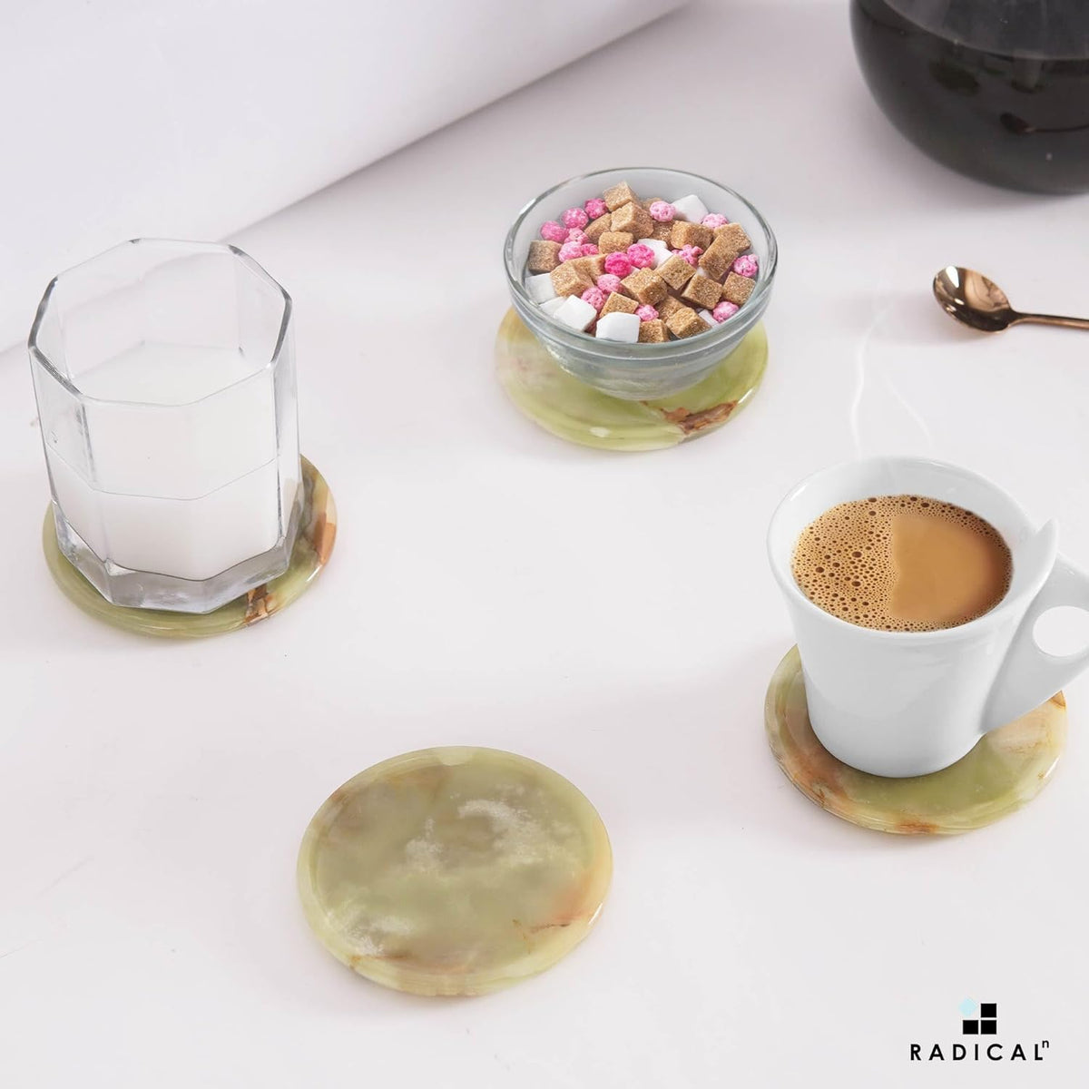 Marble Coasters Set of 6 Green Onyx 3.5 Inch Round Coaster for Drinks with Holder, Drink Coaster