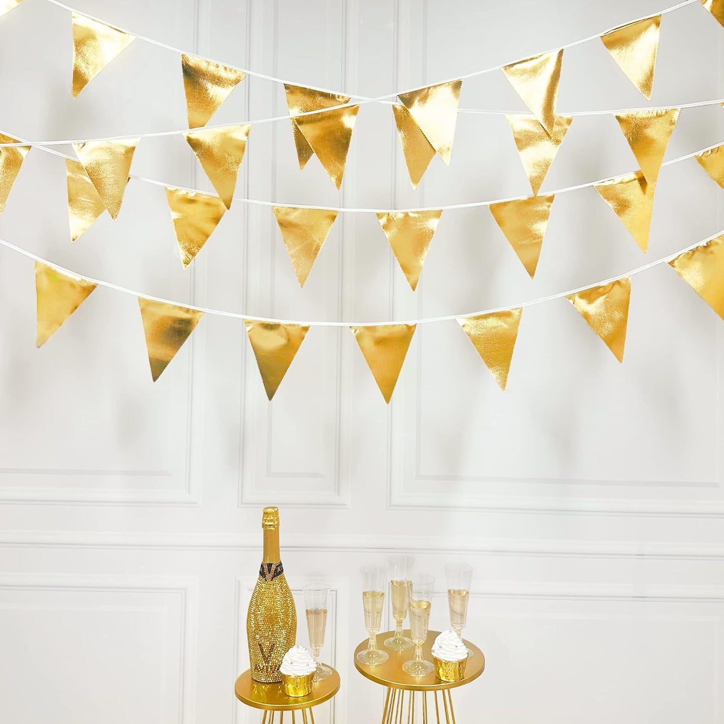 Gold Party Decorations Metallic Fabric Triangle Pennant Banner Gold Flag Bunting Garland for
