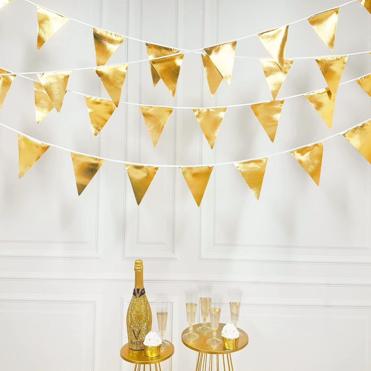 Gold Party Decorations Metallic Fabric Triangle Pennant Banner Gold Flag Bunting Garland for