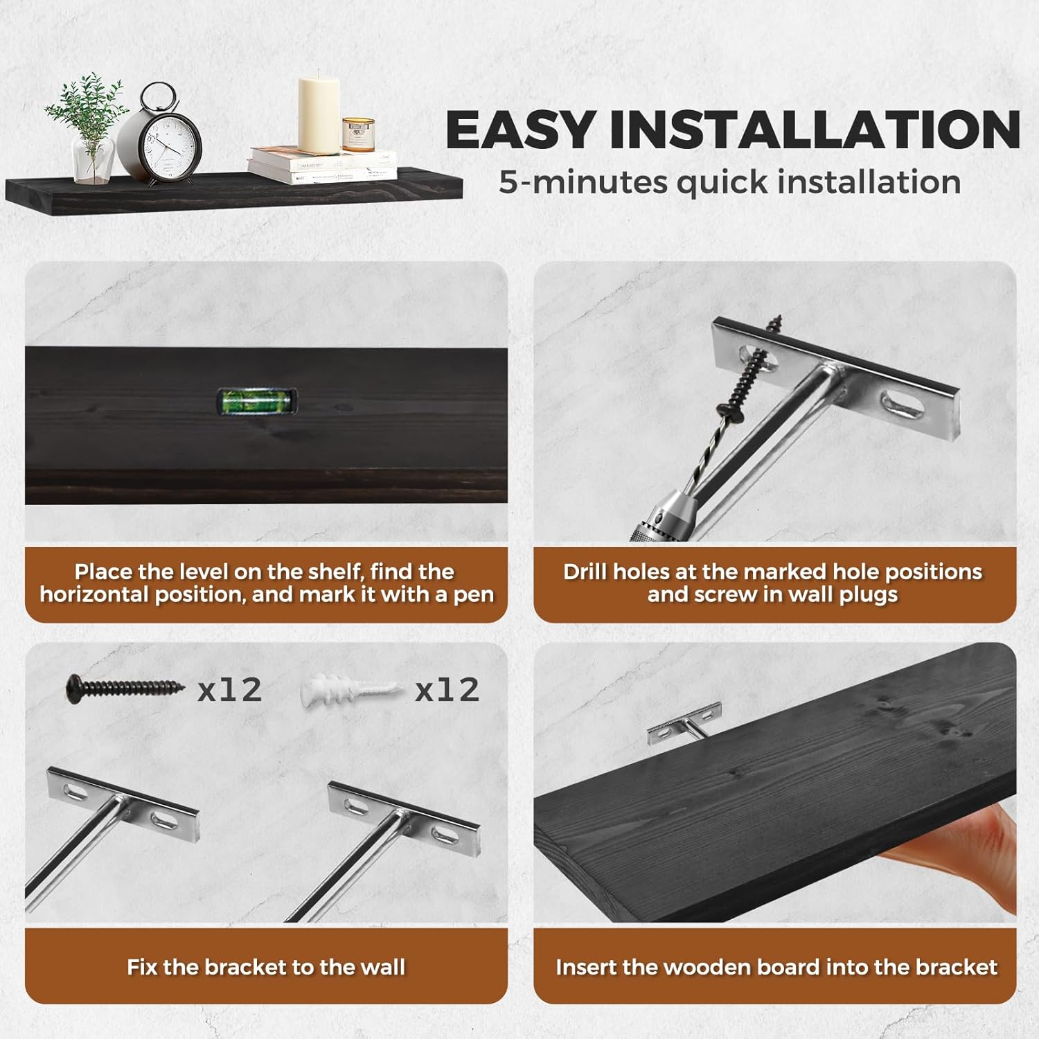Floating Wall Shelves 2-Pack - 24-Inch Rustic Black Wooden Shelves for Storage and Décor, Easy