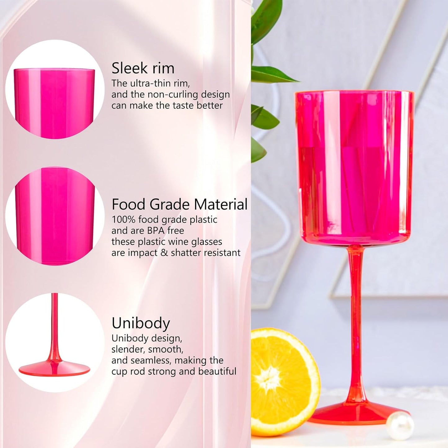Ciaell 12 Pack Plastic Wine Glasses - 10Oz Hot Pink Plastic Wine Glasses With Stem - Disposable