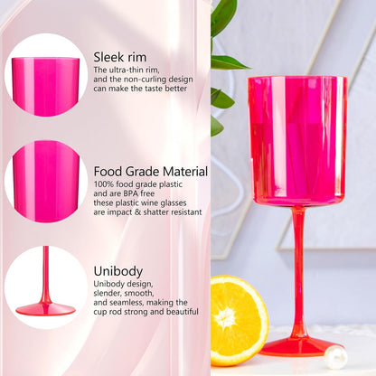 Ciaell 12 Pack Plastic Wine Glasses - 10Oz Hot Pink Plastic Wine Glasses With Stem - Disposable