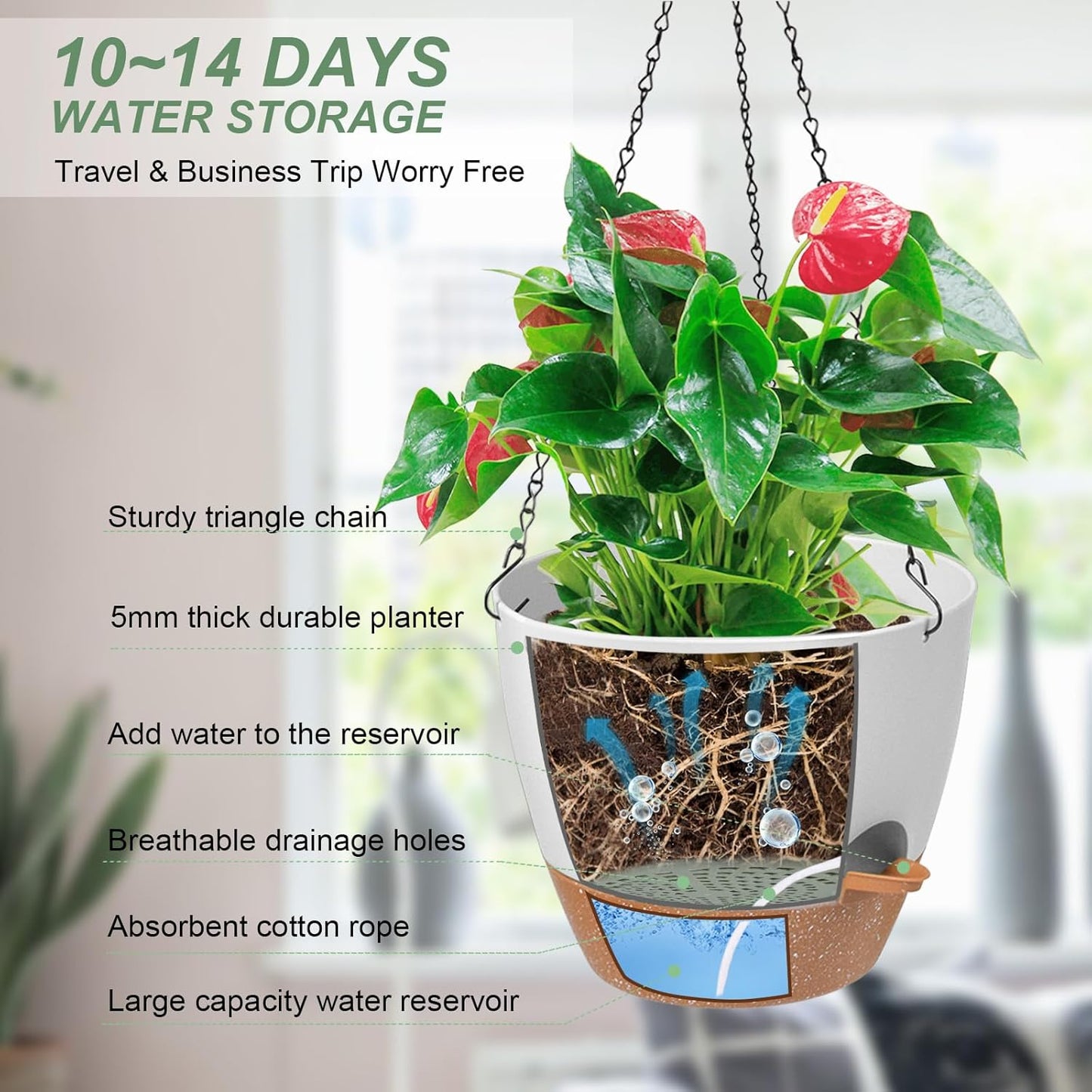 Hanging Planters for Indoor Outdoor Plants, 1 Set Self Watering Hanging Pot with Drainage Holes &