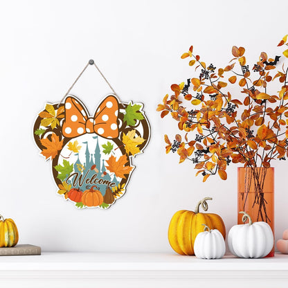 Fall Mouse Welcome Door Sign, Wooden Maple Leaves Mushroom Hanging Decor for Front Door, Fall Wood
