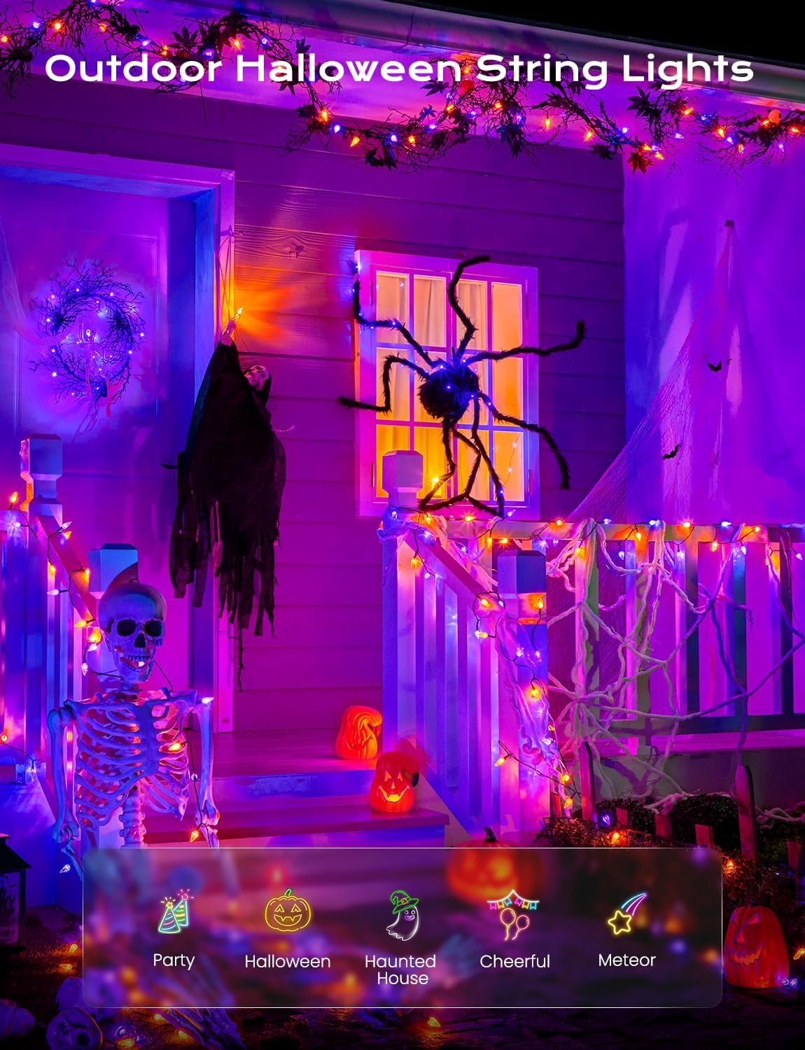 Brightown Solar Operated C6 Halloween Outdoor Lights, 22.64ft 50 LEDs Orange Purple Halloween