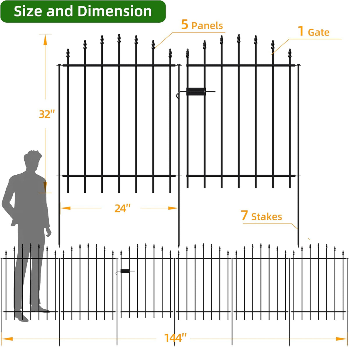 Metal Garden Fence with Gate 32 in H x 12 ft L, 1 Gate + 5 Panels Border Dog Fence Panels Animal