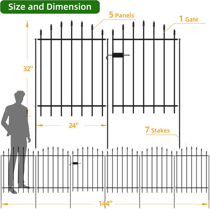Metal Garden Fence with Gate 32 in H x 12 ft L, 1 Gate + 5 Panels Border Dog Fence Panels Animal