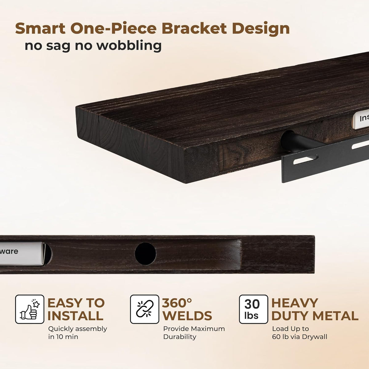 Axeman Floating Shelves for Wall - 40''W x 8'' D Rustic Solid Elm Wood Shelves for Storage, Wall