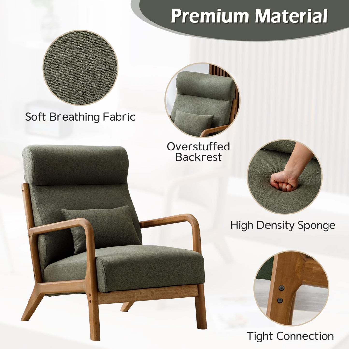 INZOY Mid Century Modern Accent Chair Set of 2, High Back Reading Armchair with Wood Frame