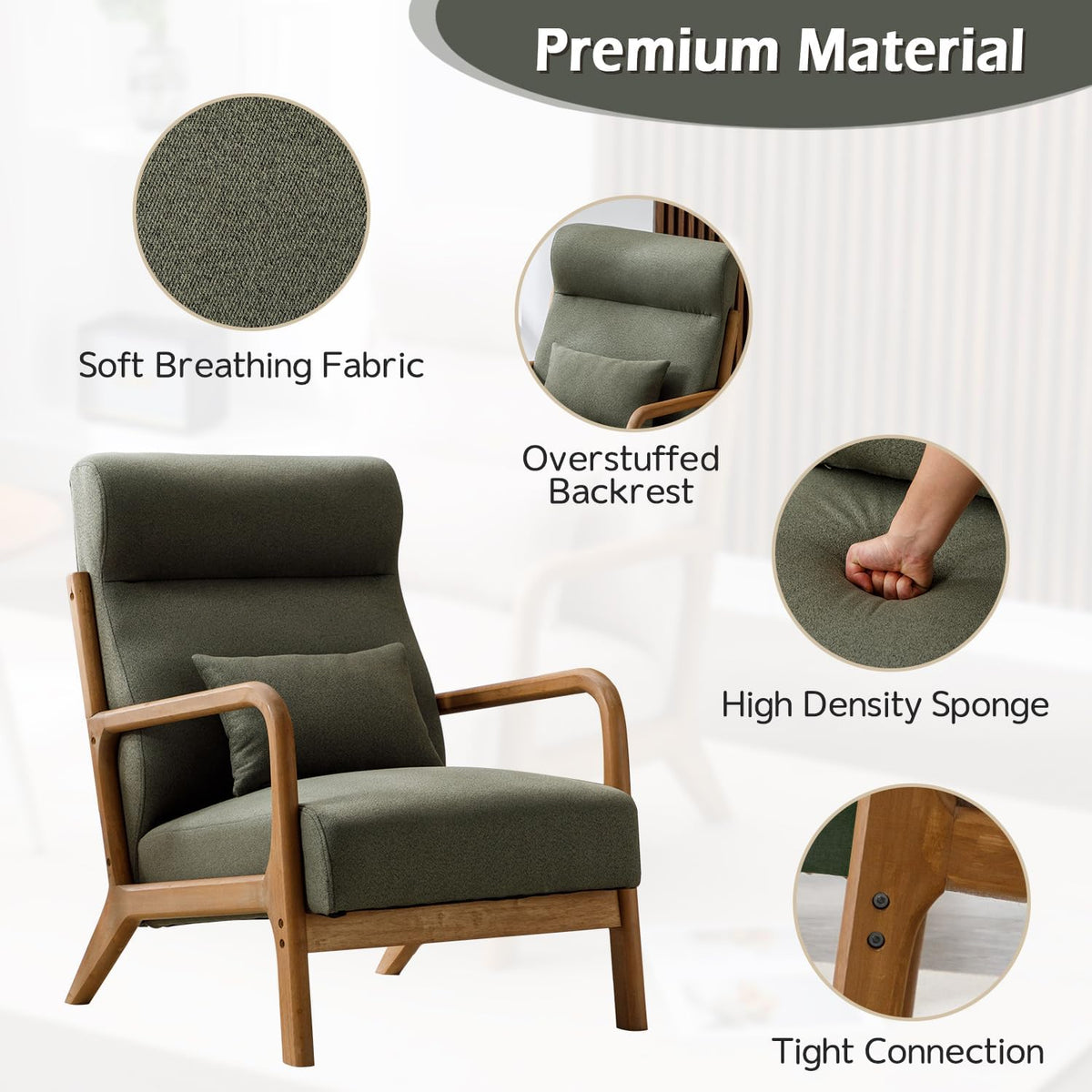INZOY Mid Century Modern Accent Chair with High Back, Upholstered Living Room Chairs with Waist