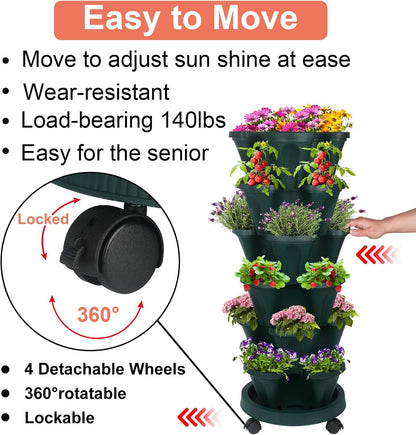 DUNCHATY Stackable Planter, Vertical Garden Planter with Wheels and Tools, Self Watering Strawberry