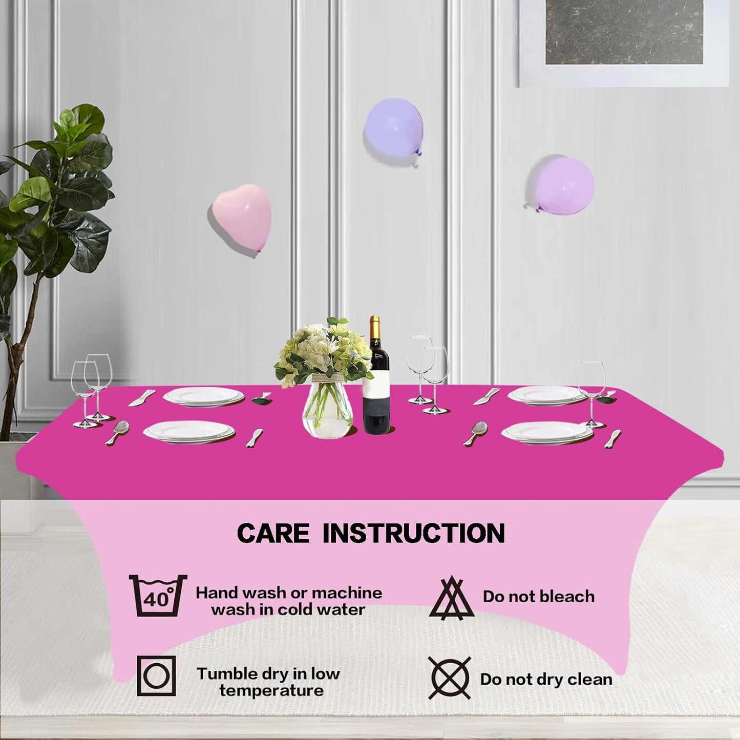 IVAPUPU 2 Pack 8FT Table Cloth for Rectangular Fitted Events Stretch Fuchsia Table Covers Washable