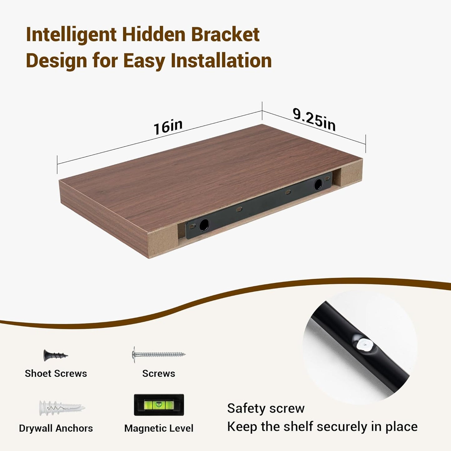 16 Inch Floating Shelves, 16"x9.25"x1.5" Inch Deep Floating Shelves for Wall, Wooden Shelves for