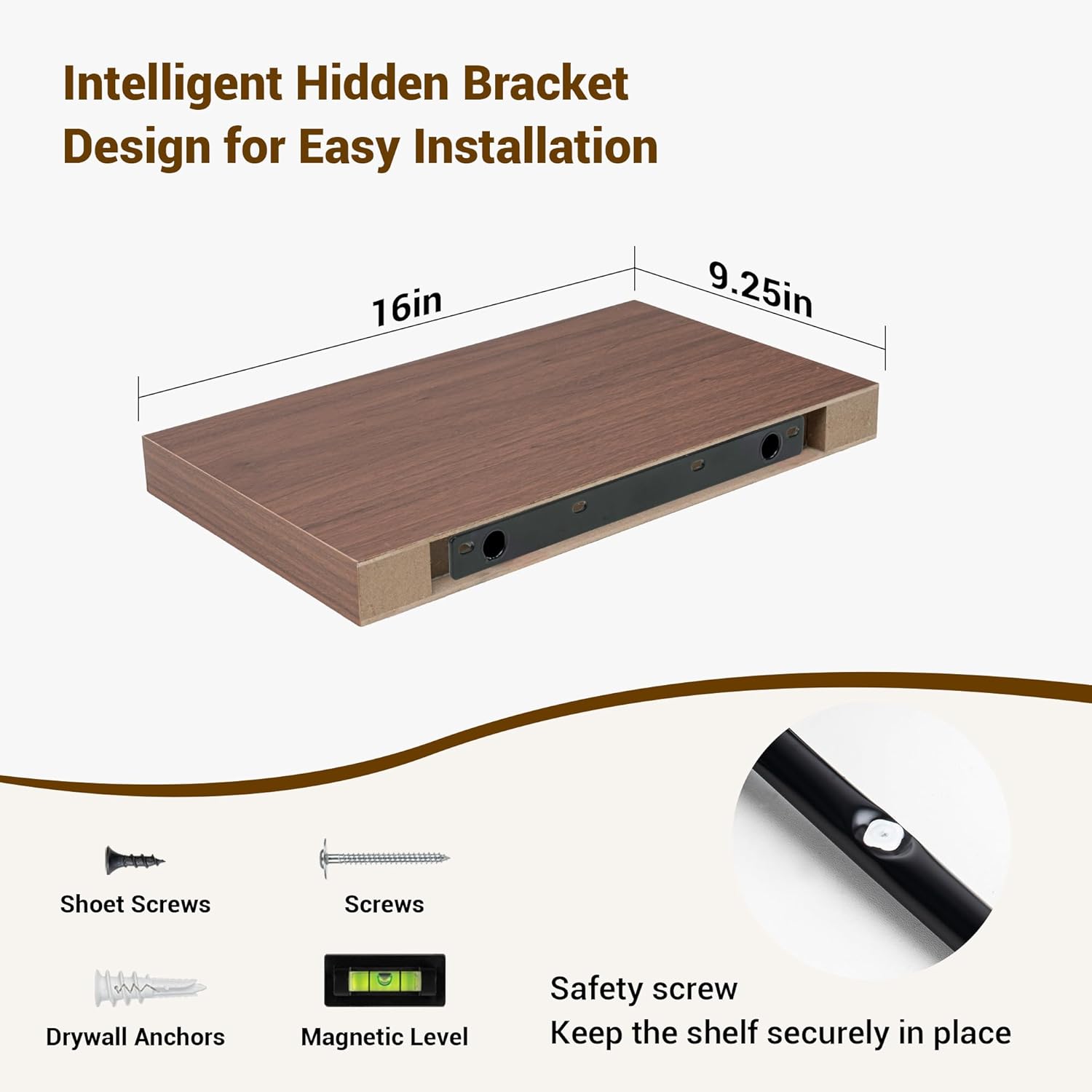 16 Inch Floating Shelves, 16"x9.25"x1.5" Inch Deep Floating Shelves for Wall, Wooden Shelves for