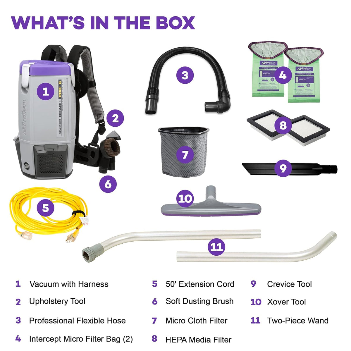 ProTeam Super Coach Pro 6 Backpack Vacuum Commercial with 2 Piece Wand Tool Kit, 6 Quart, Corded