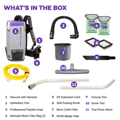 ProTeam Super Coach Pro 6 Backpack Vacuum Commercial with 2 Piece Wand Tool Kit, 6 Quart, Corded