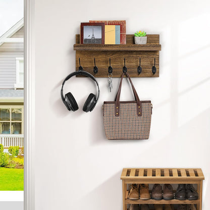Shelf with Hooks, Coat Rack Wall Mount with 6 Double Metal Hooks, 17 Inch Farmhouse Wall Hooks with