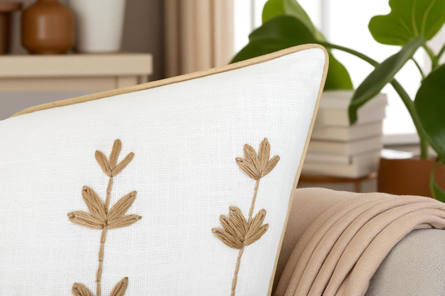 VAGMINE Hand Embroidered Daisy Accent Throw Pillow Cover - 20x20 Inches Square - 100% Cotton Ivory