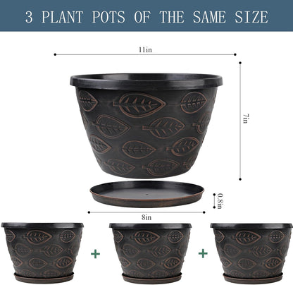 3 Pack Flower Pots Outdoor 11 Inch Plant Pots Indoor, Large-Plastic-Plant-Flower-Planters-Pots with