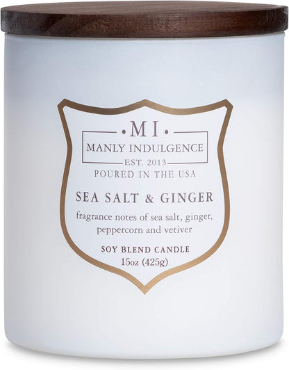 Manly Indulgence Sea Salt & Ginger Scented Candles for Men, 15 oz Wooden Wick, Premium Soy Blend