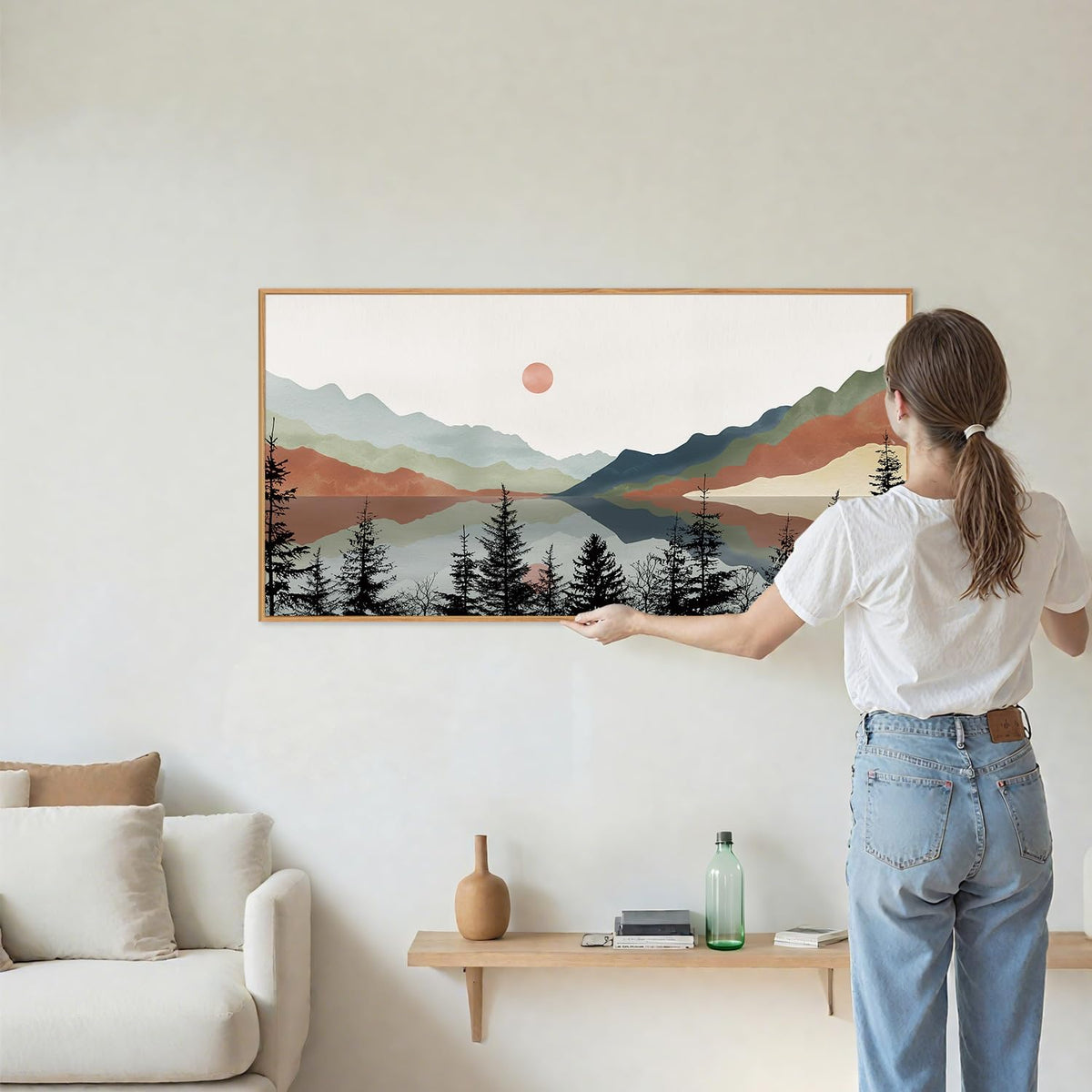 Tinonedraw Boho Mountain Framed Canvas Wall Art Set, Watercolor Nature Landscape Wall Decor