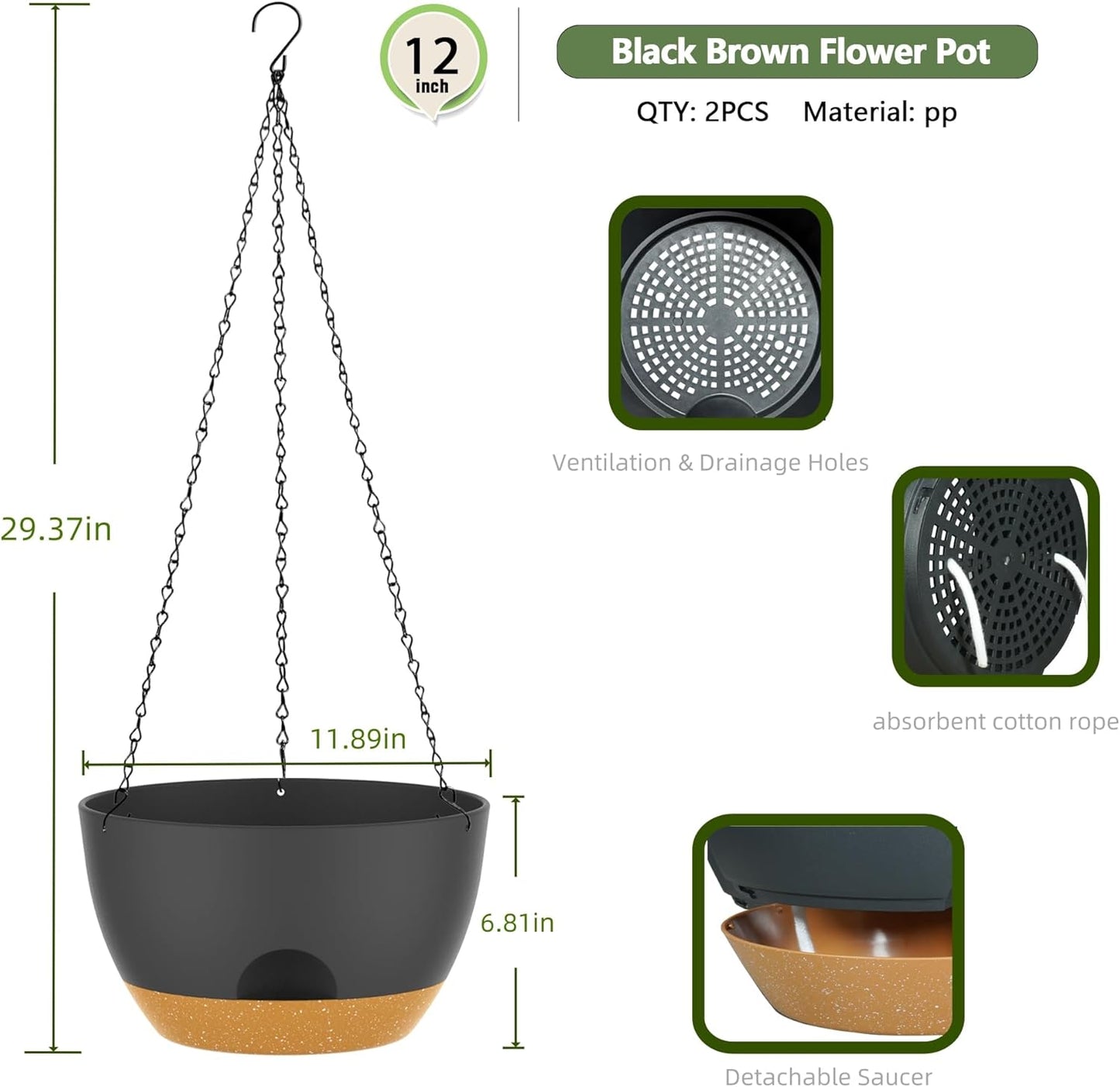 12 Inch Hanging Baskets 2 PC with Chains, Self-Watering Hanging Planters for Indoor Outdoor Plants