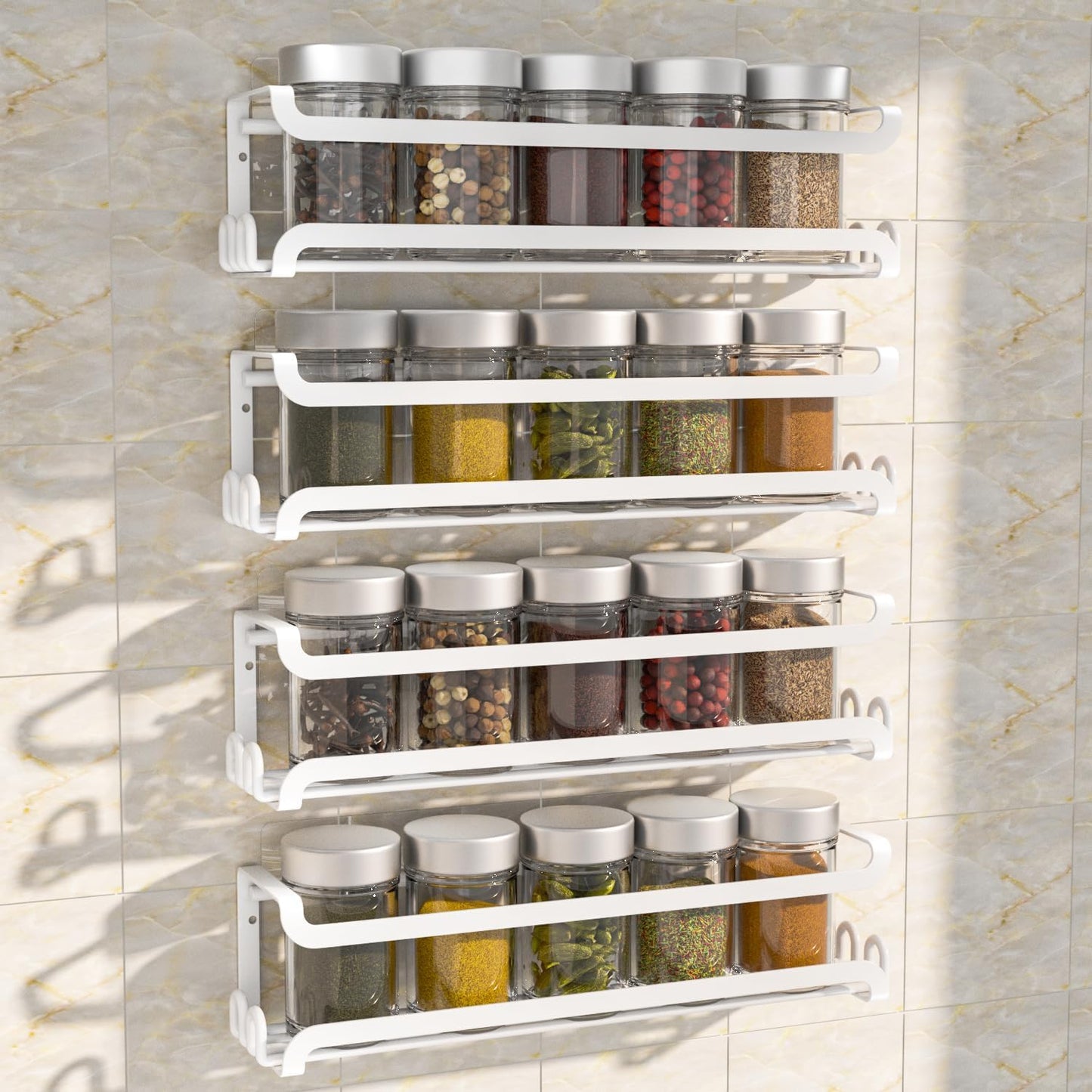 LUCYCAZ 4 Pack Wall Mounted Spice Rack with 16 Hooks, Spice Organizer Shelf for Stove Cabinet