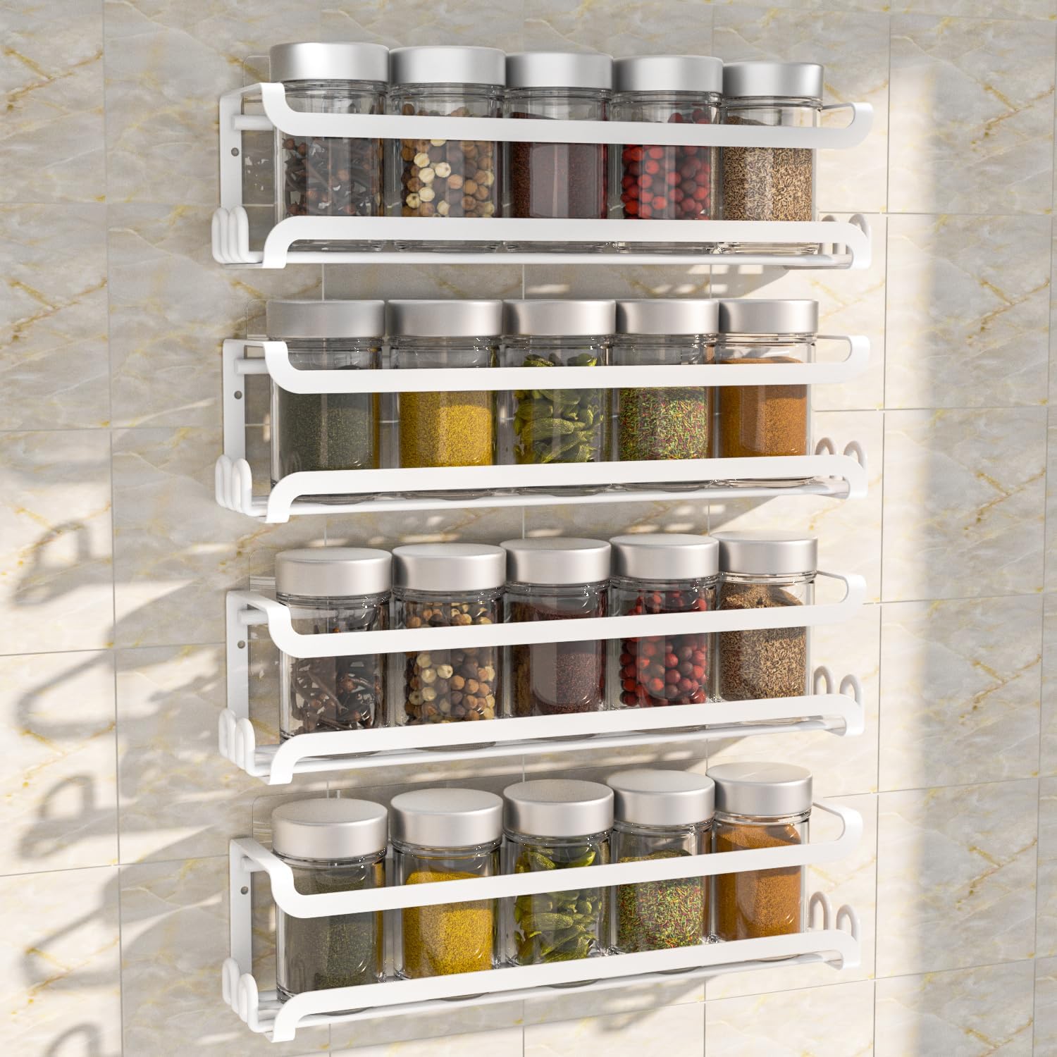 LUCYCAZ 4 Pack Wall Mounted Spice Rack with 16 Hooks, Spice Organizer Shelf for Stove Cabinet