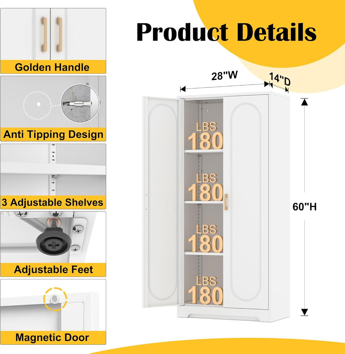 Kitchen Pantry Cabinet,60”Metal White Storage Cabinets with Doors and Shelves,Tall Cabinet with 2