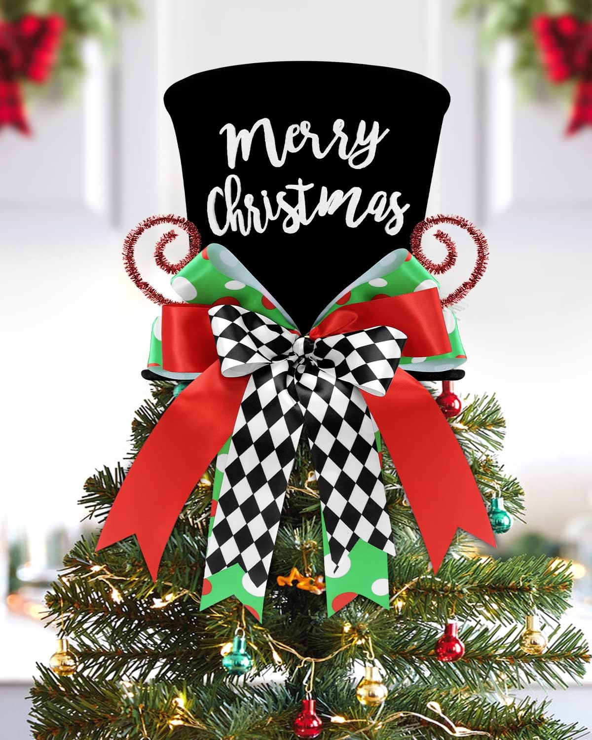 Merry Christmas Tree Topper Whimsical Top Hat with Check Bows Xmas Tree Ornament Winter Holidays
