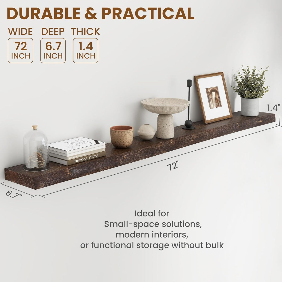 72" Floating Shelves, Live Edge Elm Wood Floating Shelf for Wall, Wall-Mounted Display Shelves with